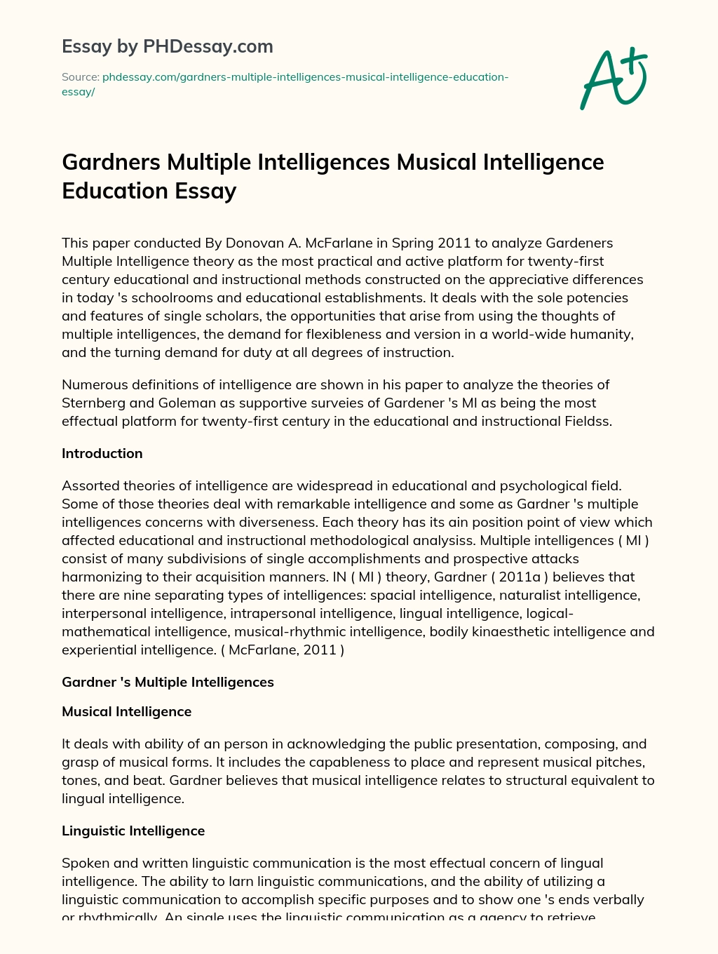 Gardners Multiple Intelligences Musical Intelligence Education Essay essay