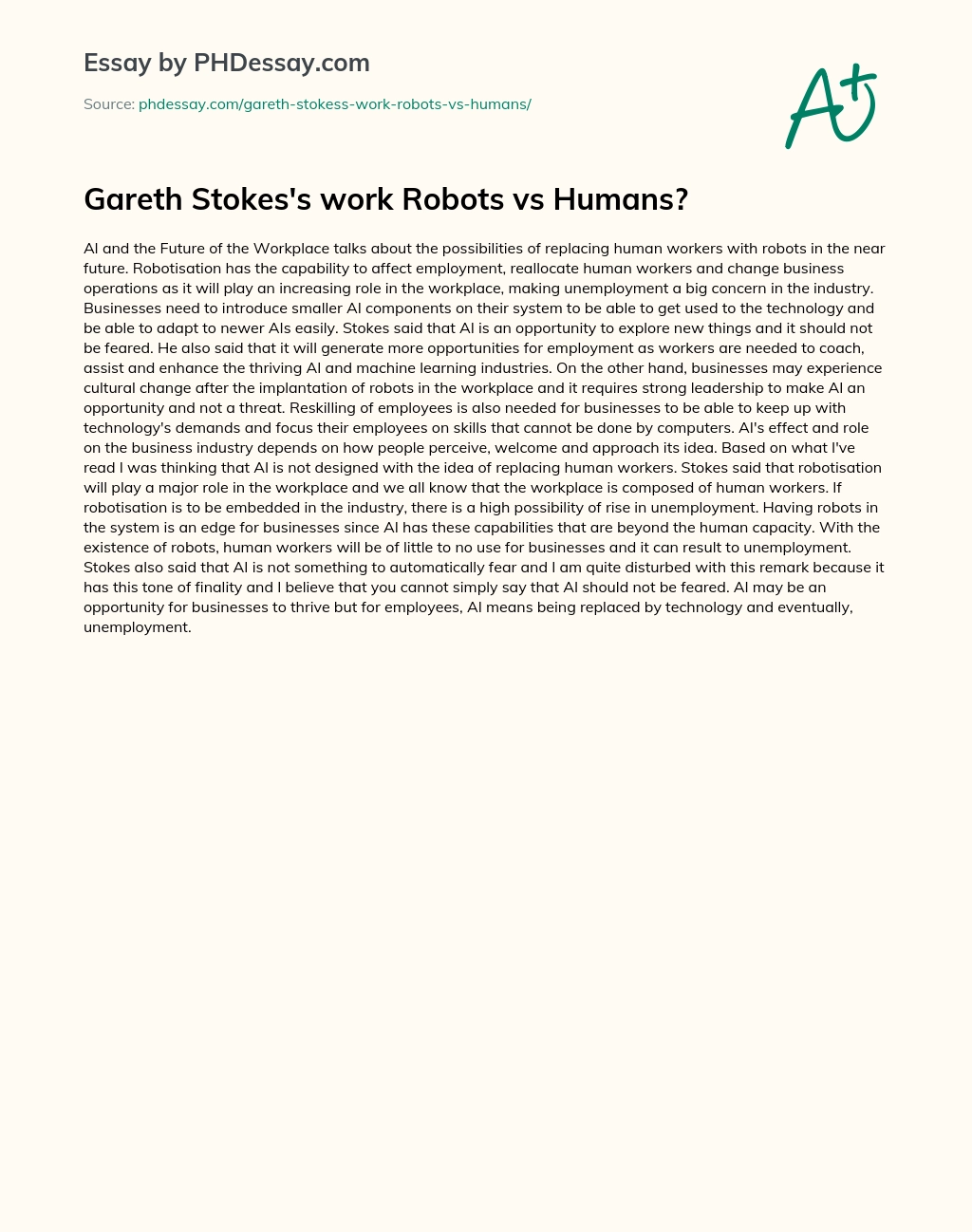 Gareth Stokes’s work Robots vs Humans? essay