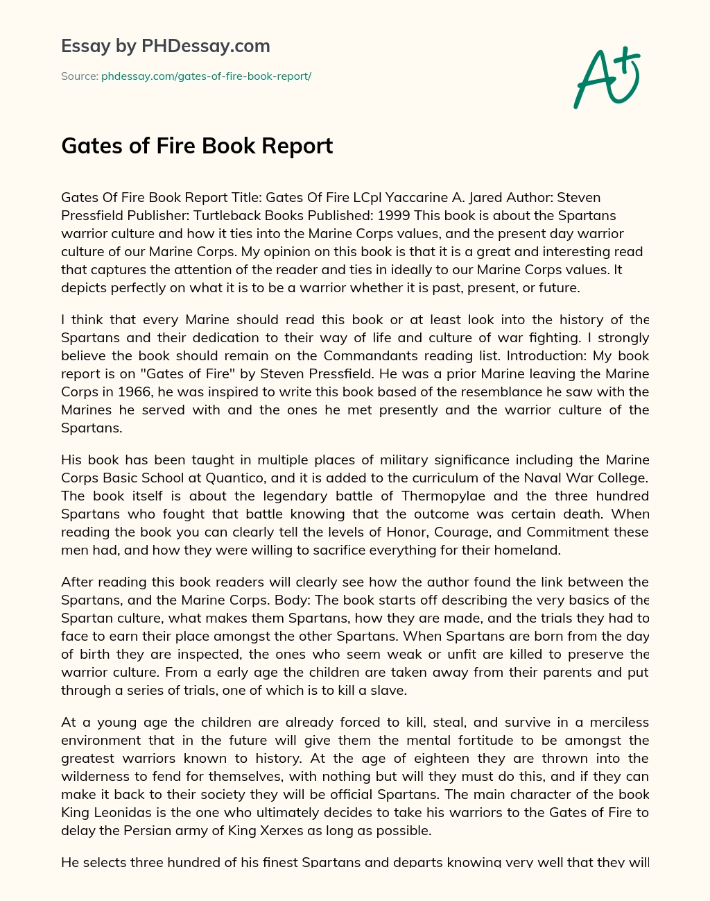 Gates of Fire Book Report essay