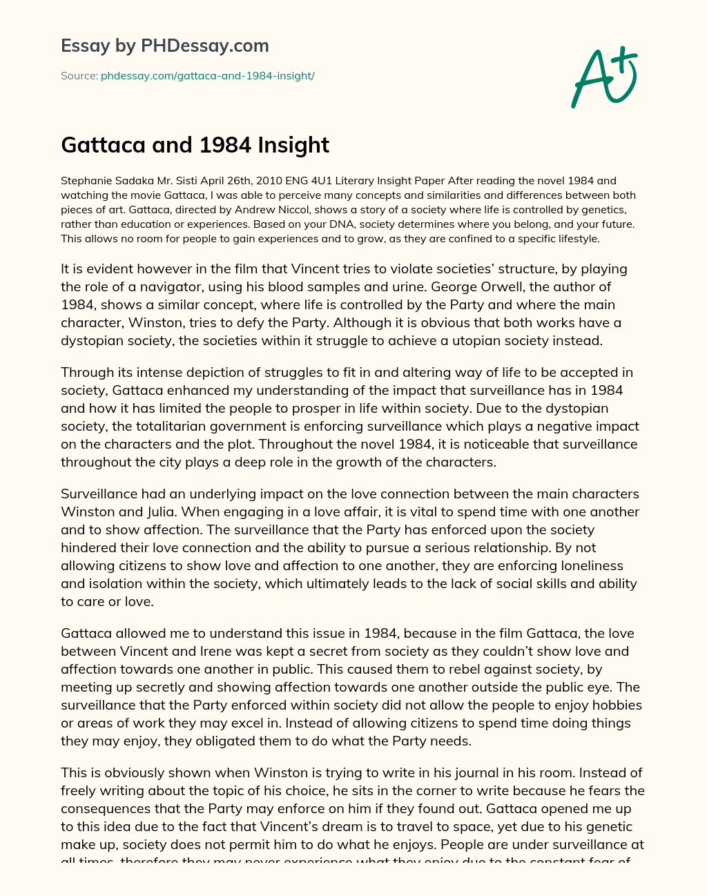 Gattaca and 1984 Insight essay