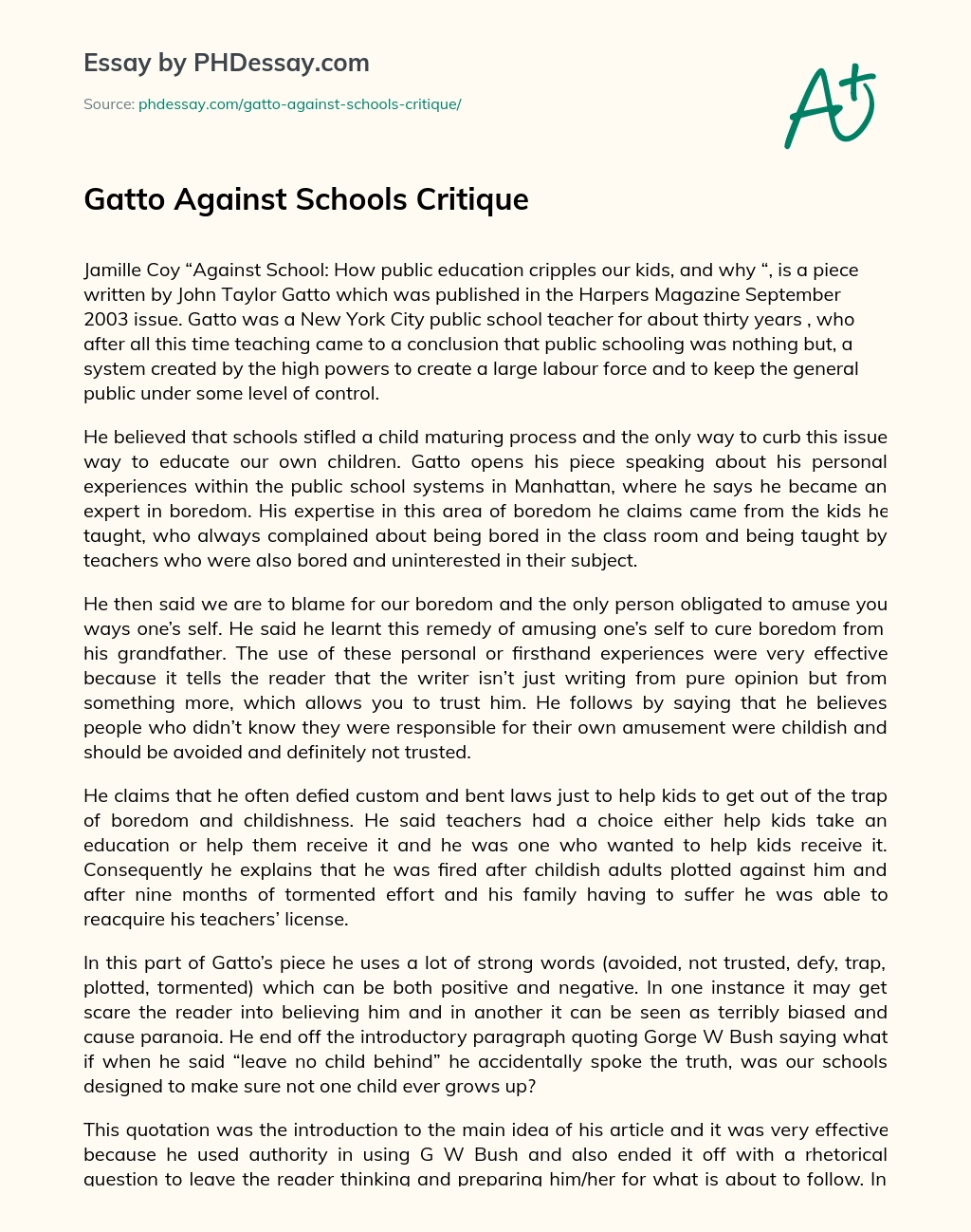 Gatto Against Schools Critique essay