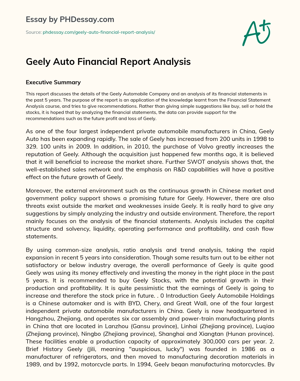 Geely Auto Financial Report Analysis essay