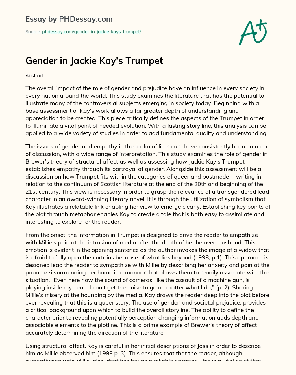 Gender in Jackie Kay’s Trumpet essay