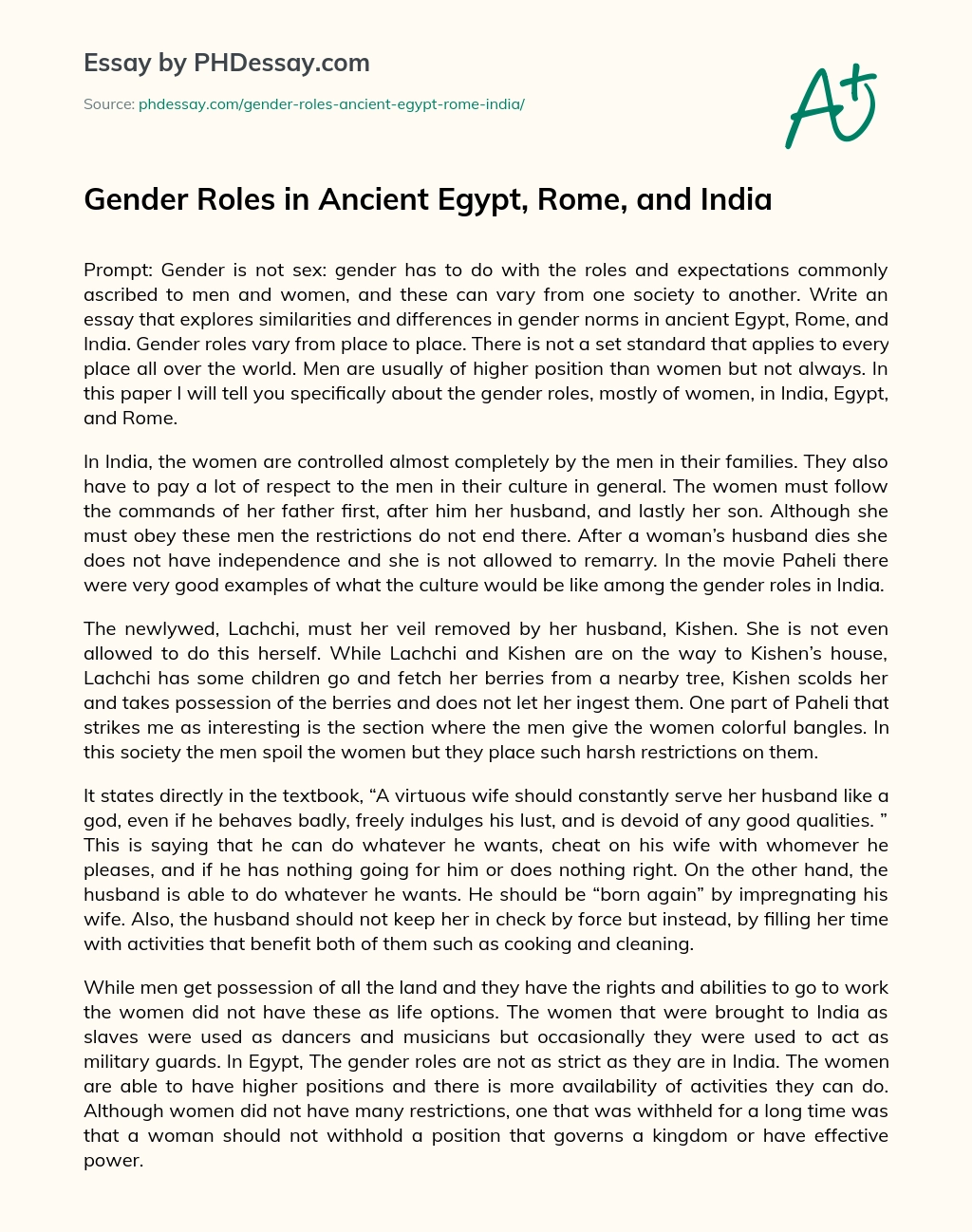 Gender Roles in Ancient Egypt, Rome, and India essay