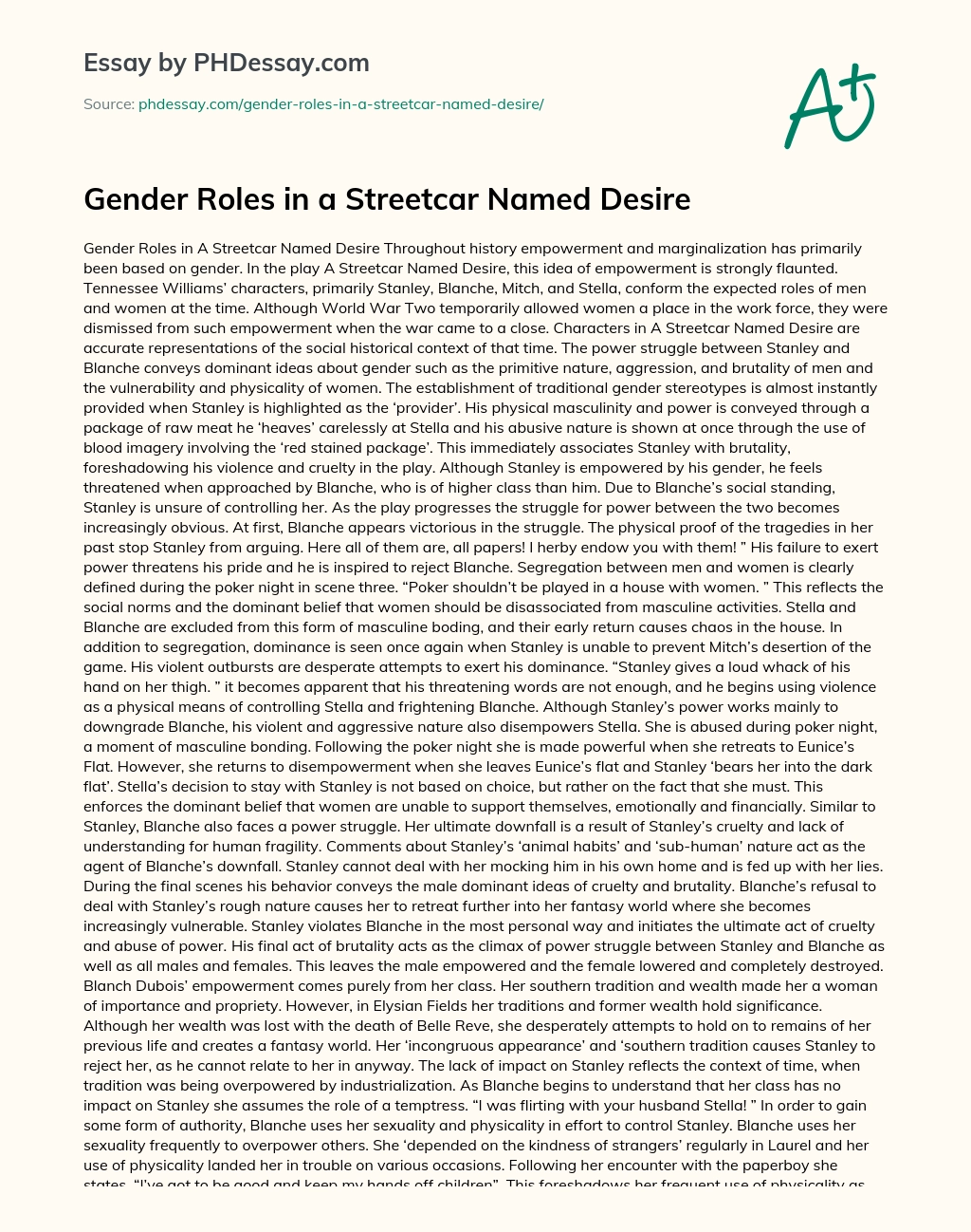 Gender Roles in a Streetcar Named Desire essay