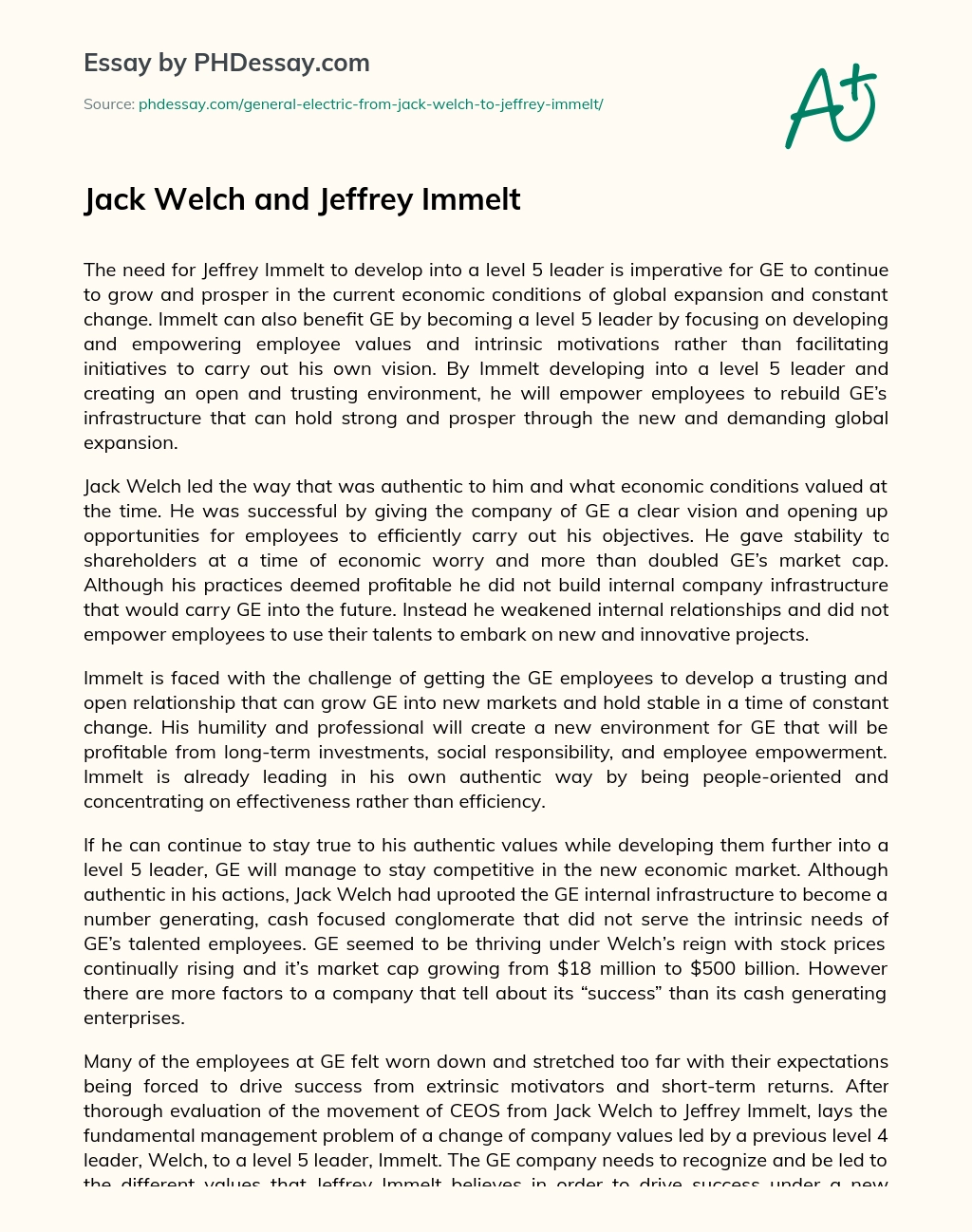 Jack Welch and Jeffrey Immelt essay