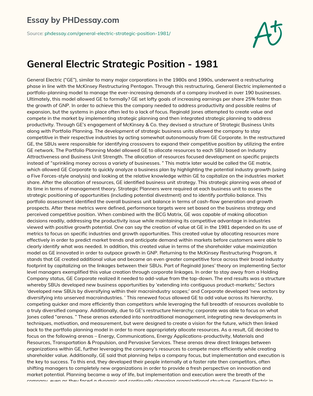 General Electric Strategic Position – 1981 essay