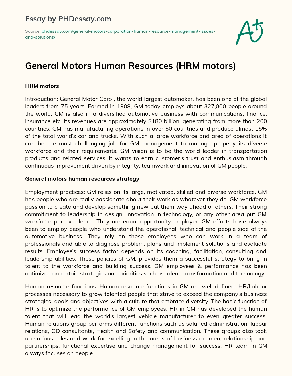 General Motors Human Resources (HRM motors) essay