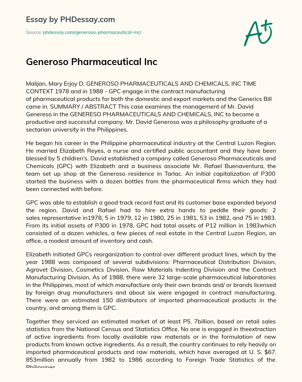 Generoso Pharmaceutical Inc essay