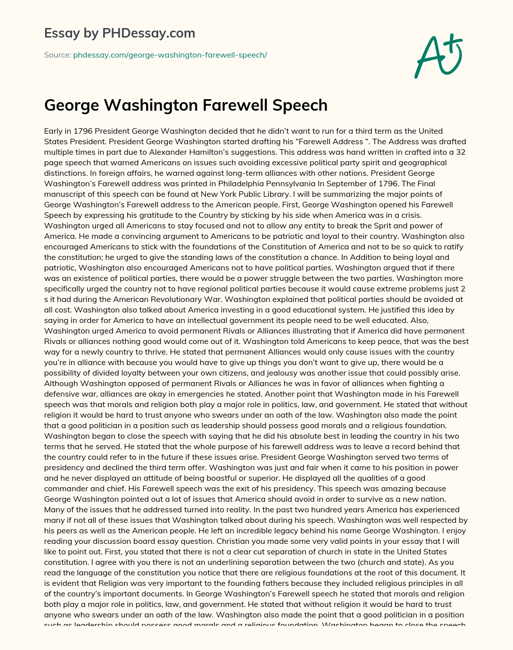 George Washington Farewell Speech essay