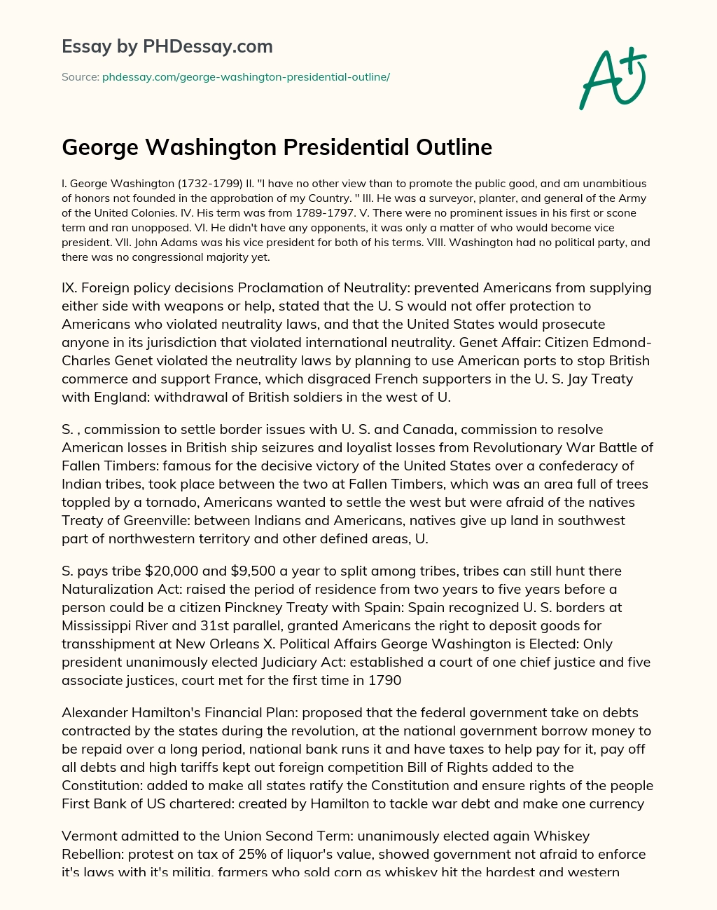 George Washington Presidential Outline essay