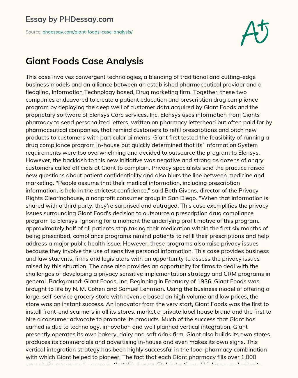 Giant Foods Case Analysis essay