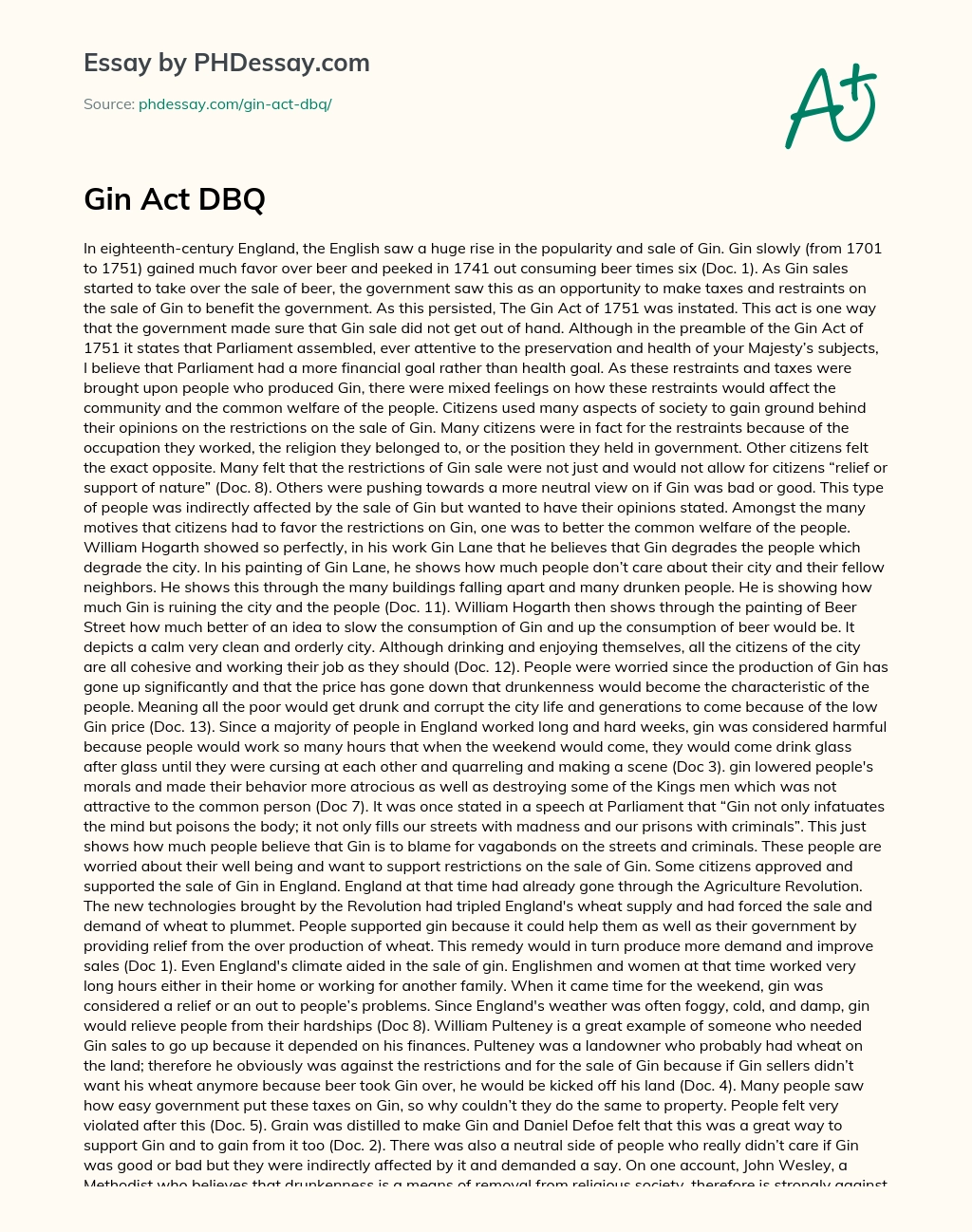 Gin Act DBQ essay