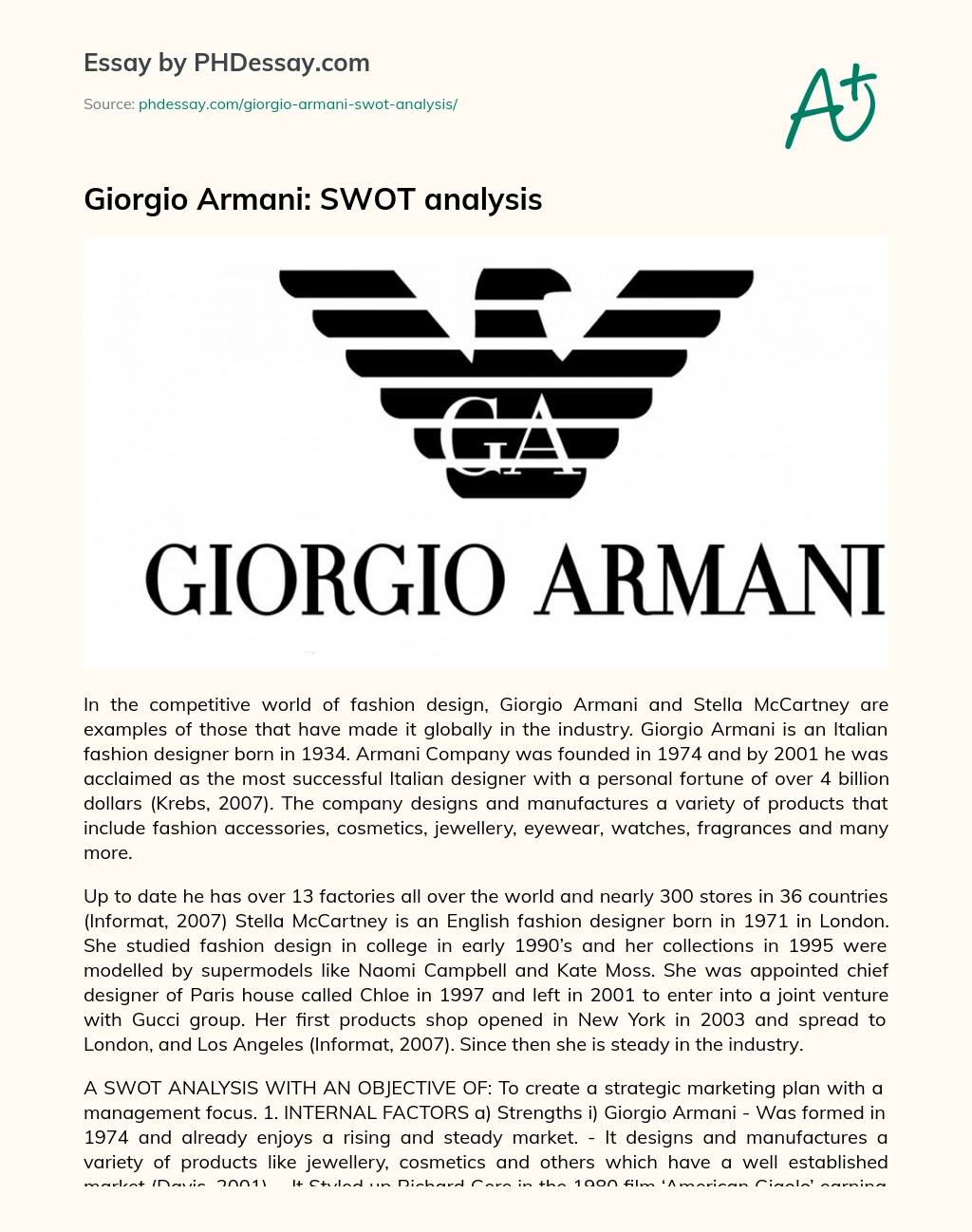 Giorgio Armani: SWOT Analysis essay