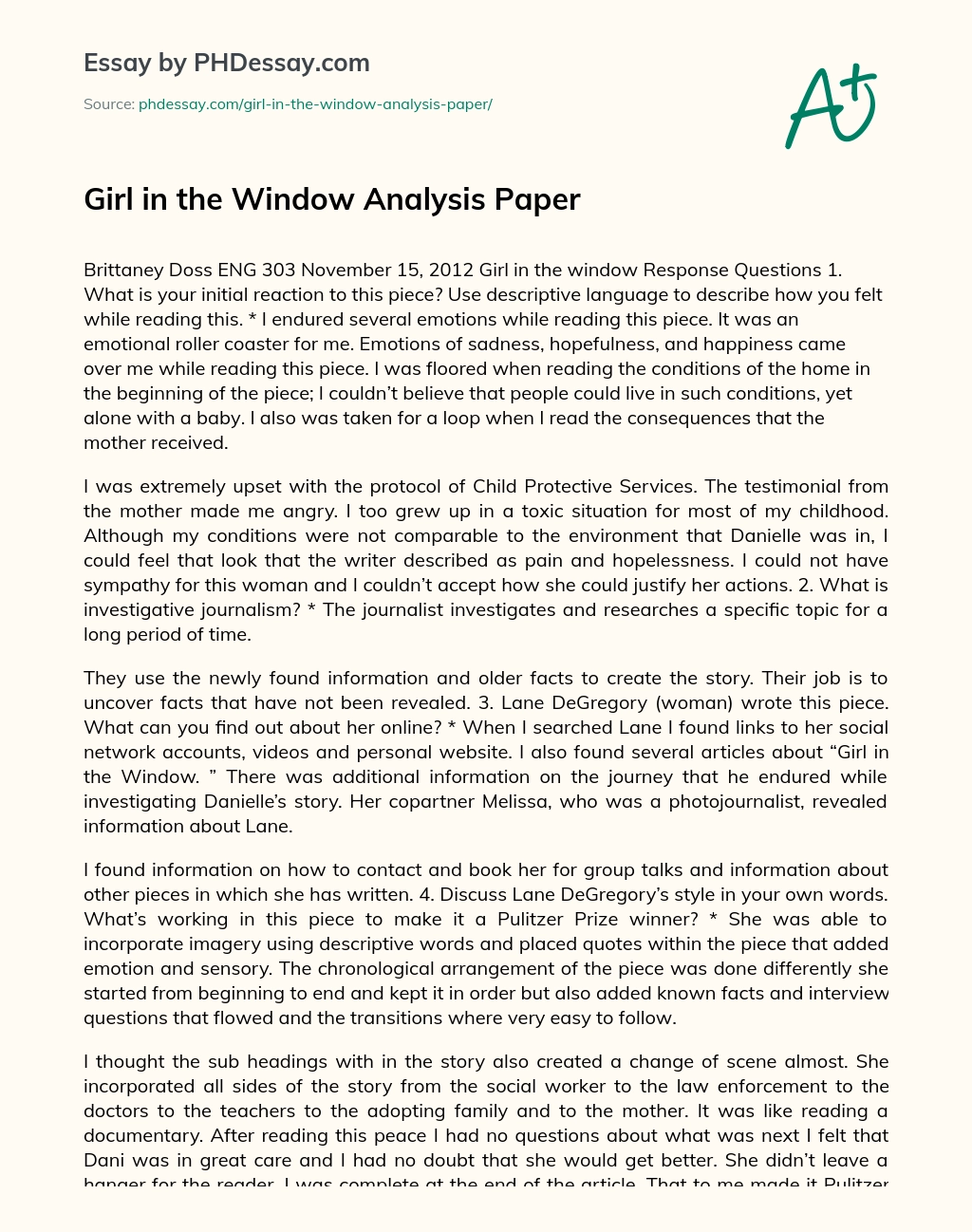 Girl in the Window Analysis Paper essay