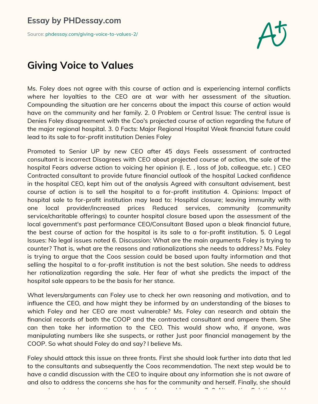Giving Voice to Values essay