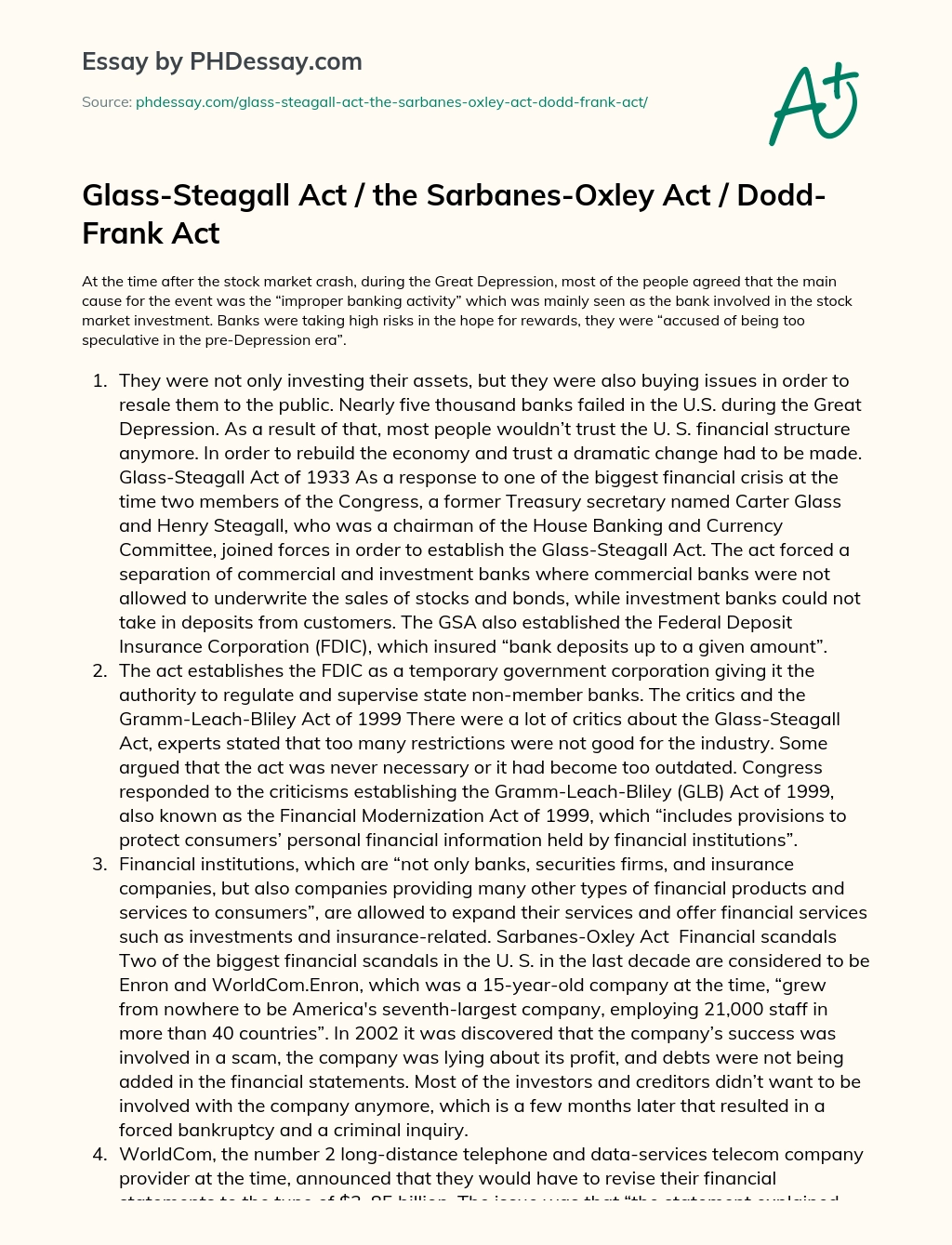 Glass-Steagall Act / the Sarbanes-Oxley Act / Dodd-Frank Act essay
