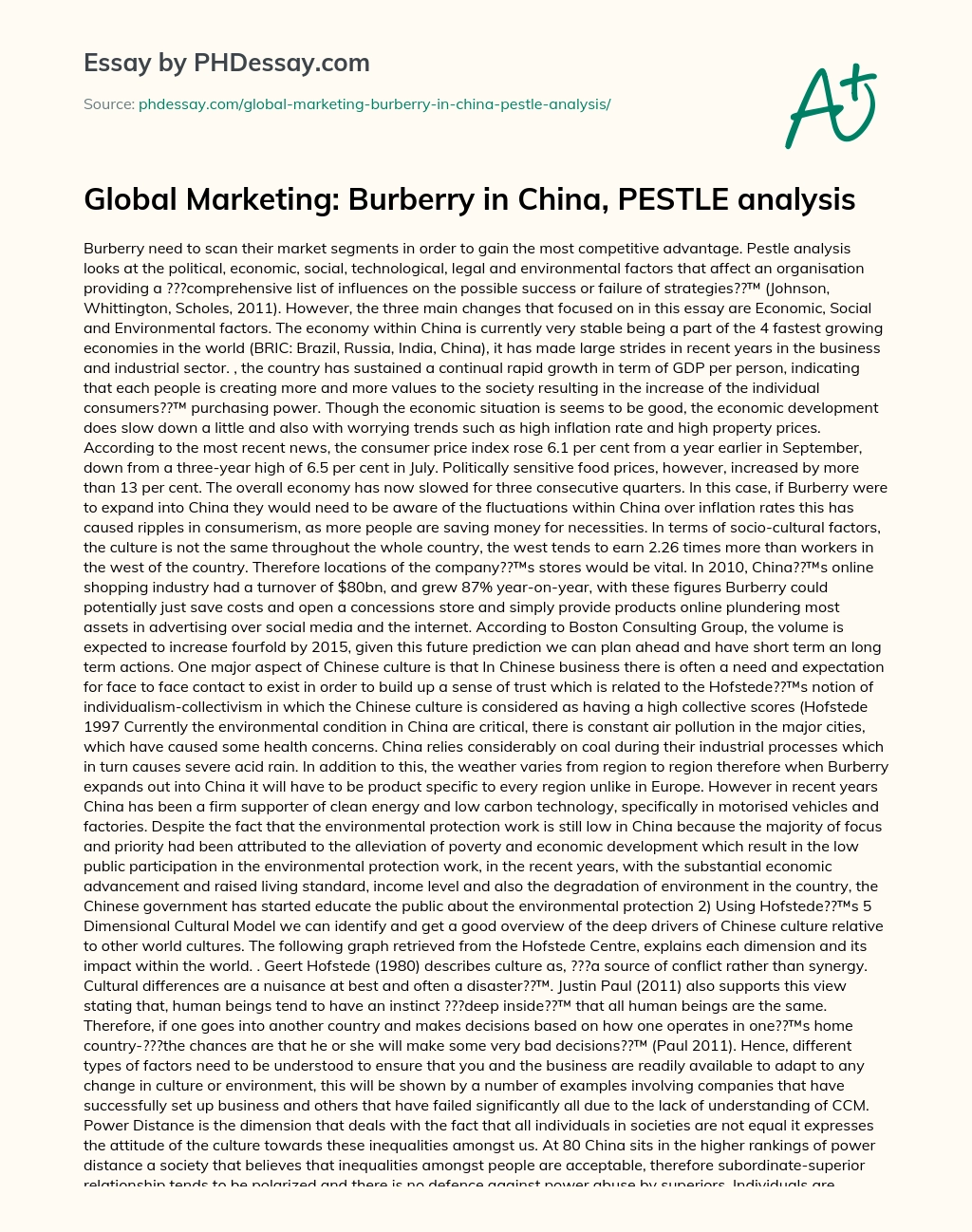 Global Marketing: Burberry in China, PESTLE analysis essay