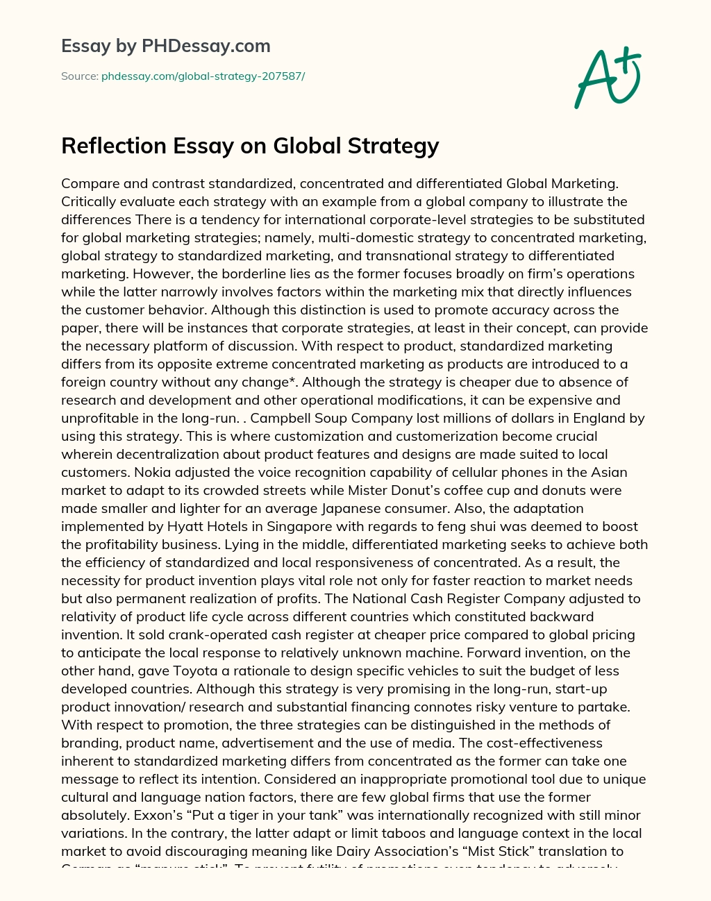 Reflection Essay on Global Strategy essay