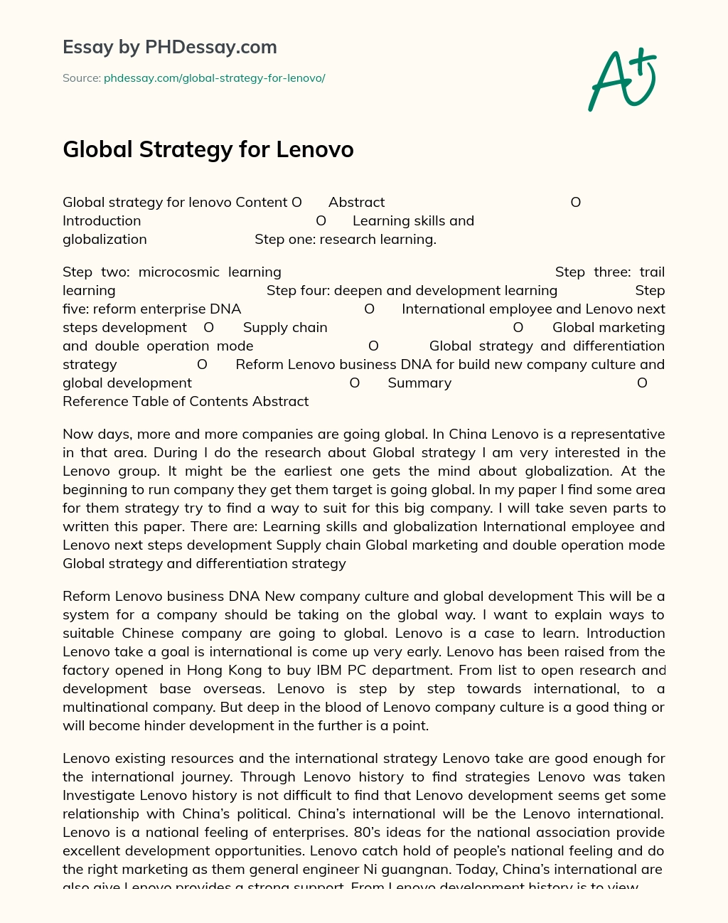 Global Strategy for Lenovo essay