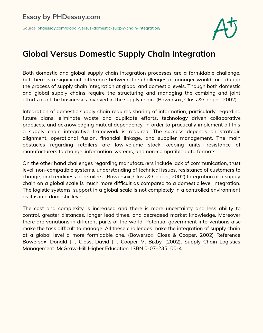 Global Versus Domestic Supply Chain Integration essay