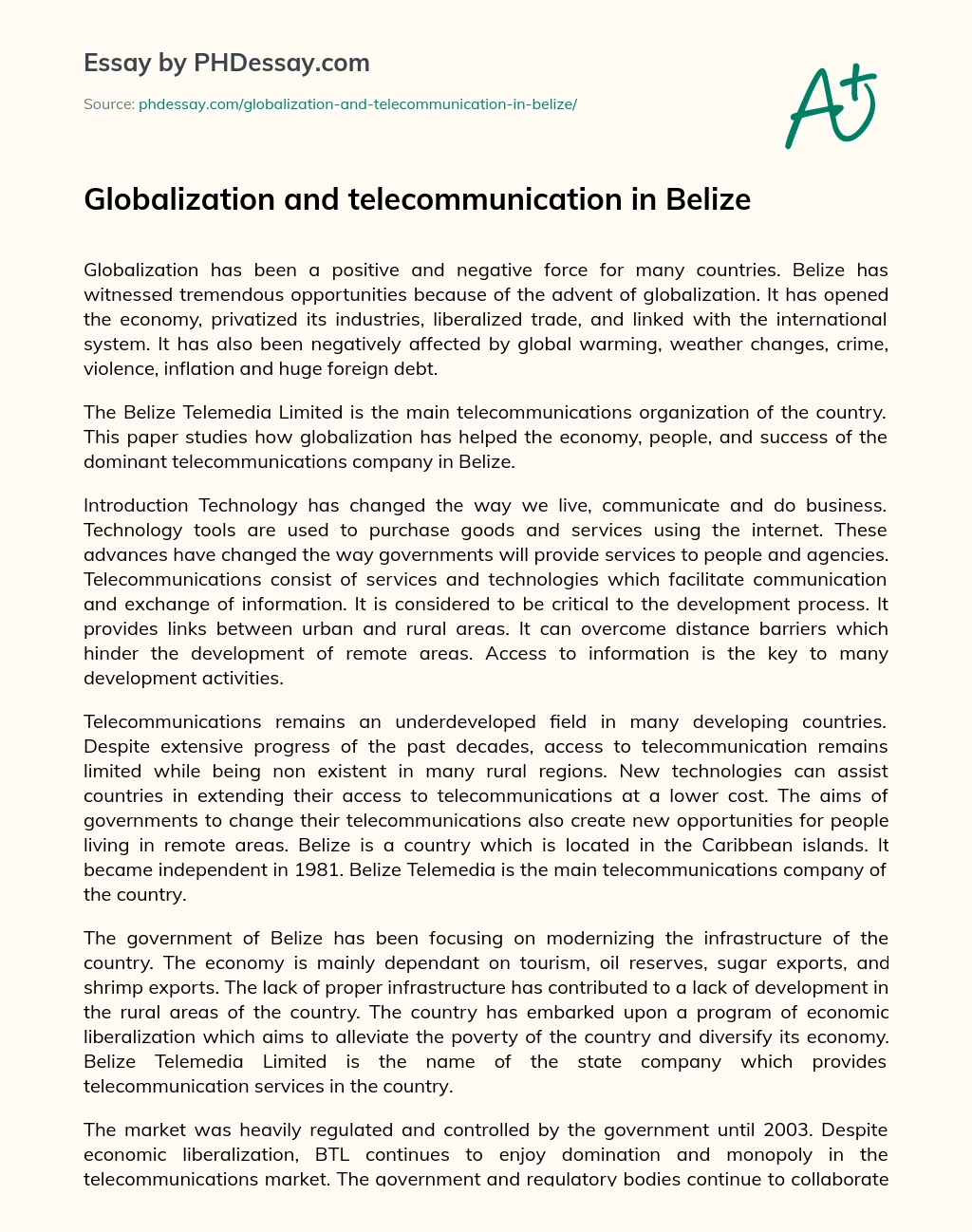 Globalization and telecommunication in Belize essay