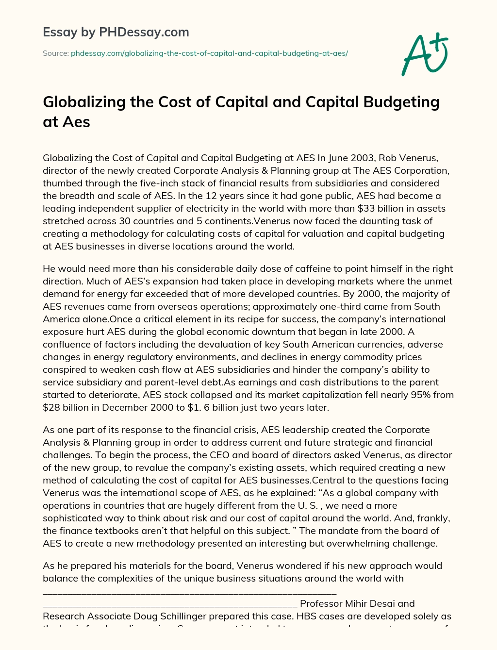 Globalizing the Cost of Capital and Capital Budgeting at Aes essay
