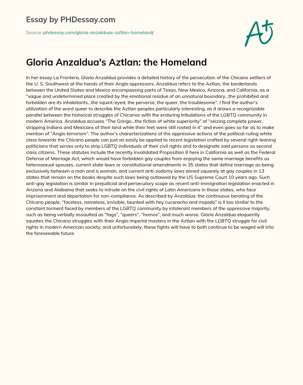 Gloria Anzaldua’s Aztlan: the Homeland essay