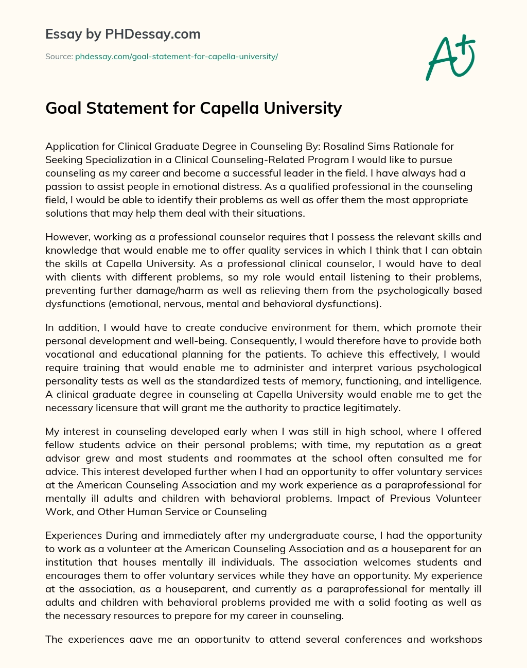 Goal Statement for Capella University essay