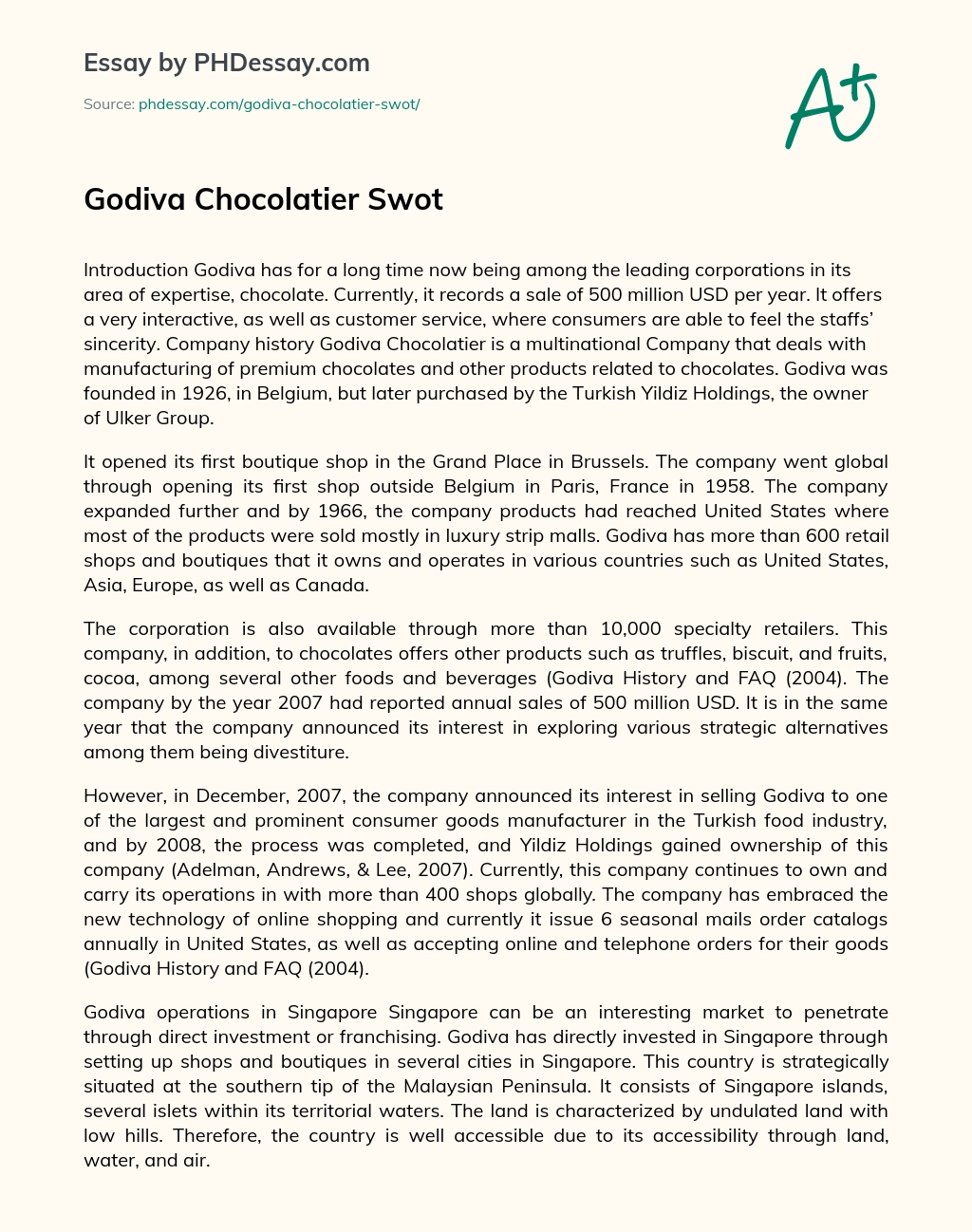 Godiva Chocolatier Swot essay