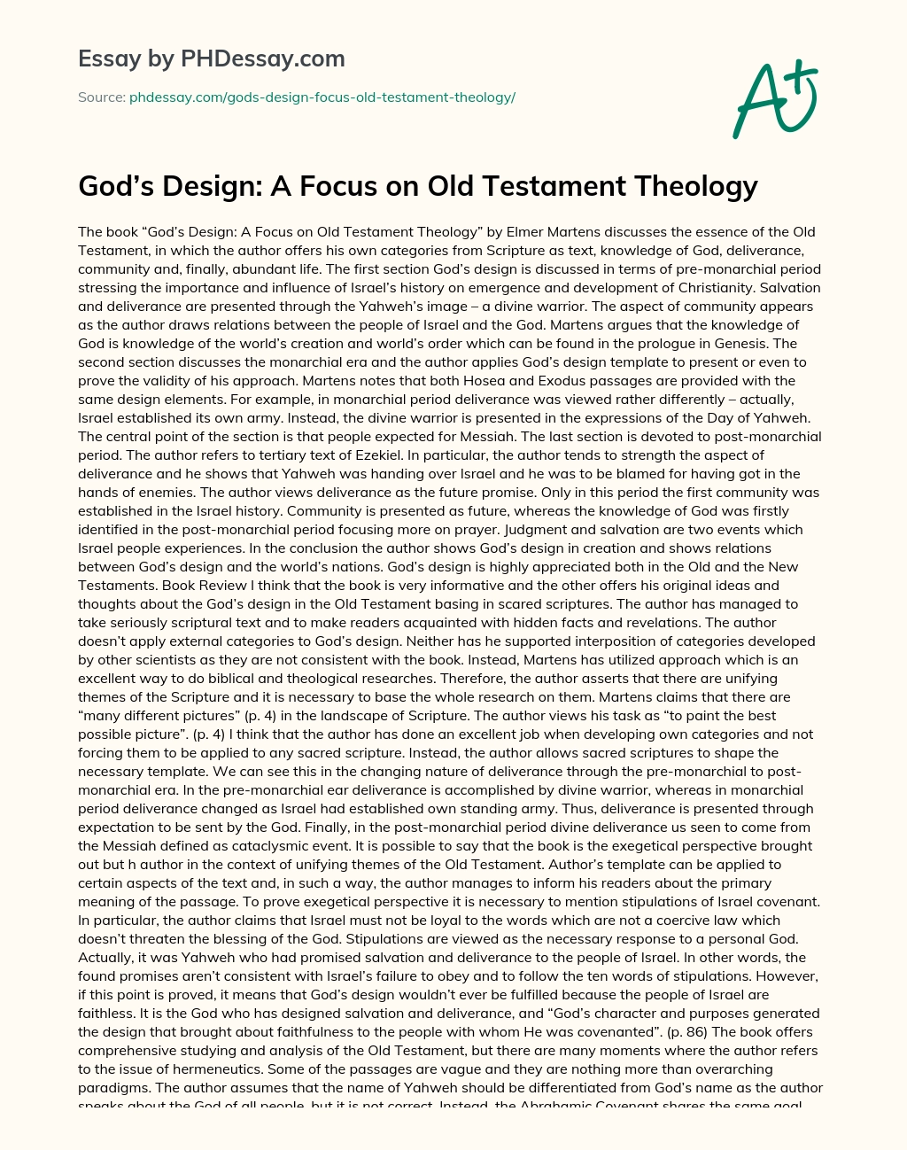 God’s Design: A Focus on Old Testament Theology essay