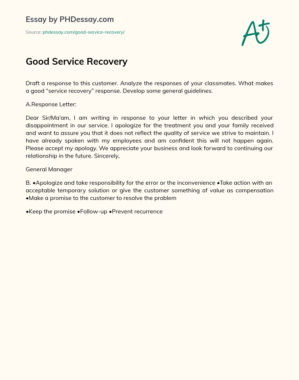Good Service Recovery essay