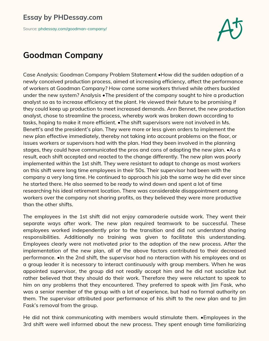 Goodman Company essay