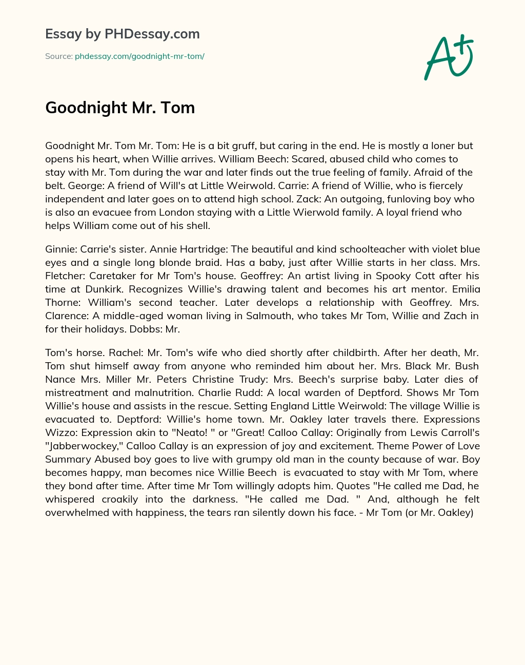 Goodnight Mr. Tom essay