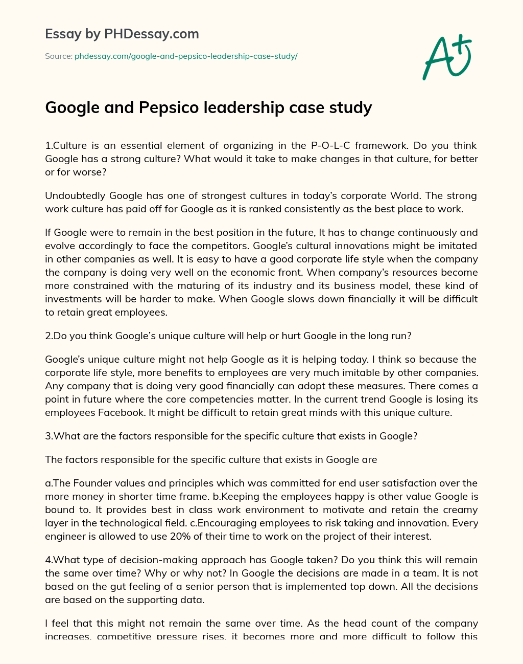 Google and PepsiCo Leadership Case Study essay