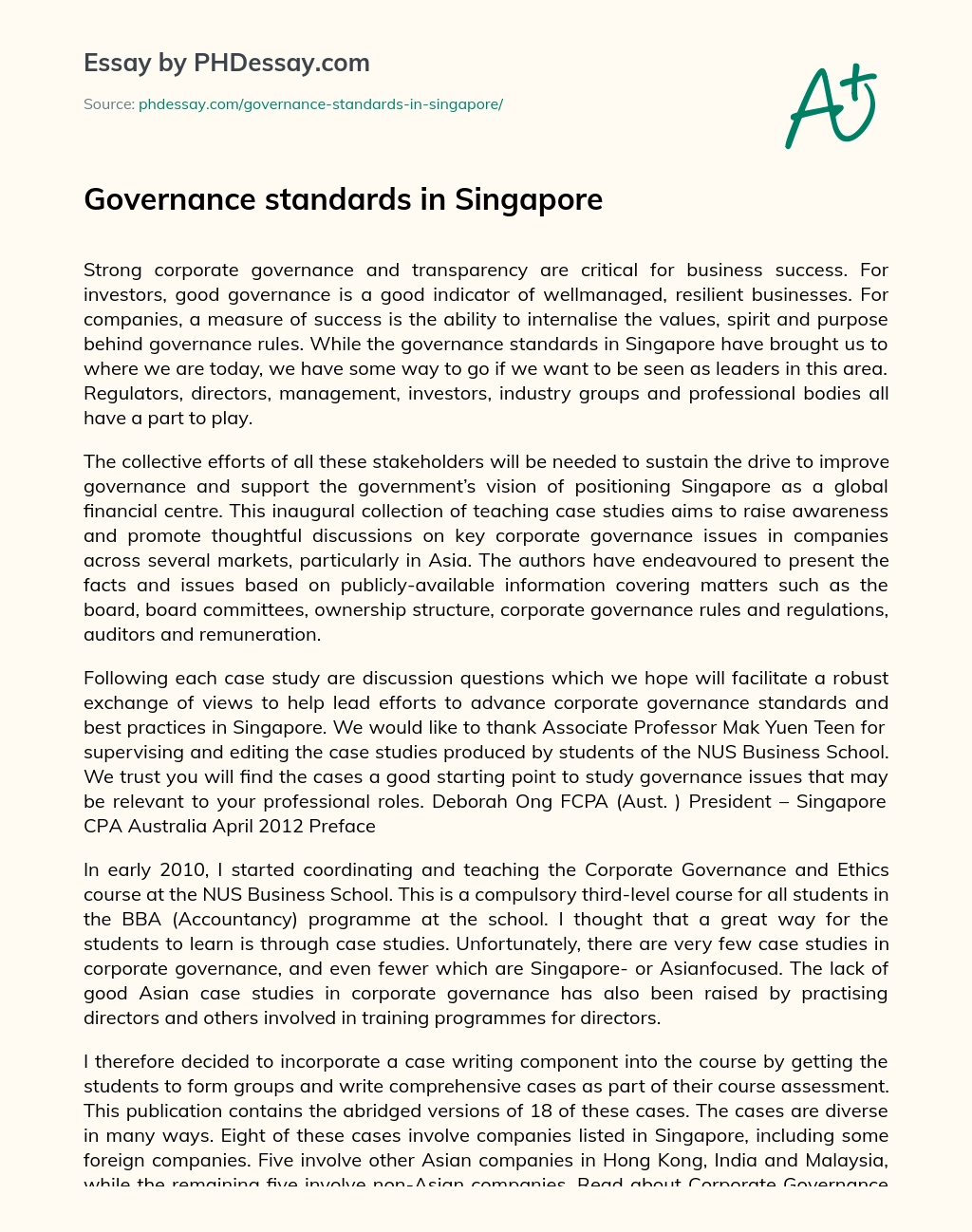 Governance standards in Singapore essay