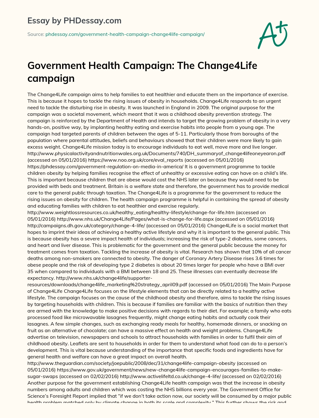 Government Health Campaign: The Change4Life campaign essay