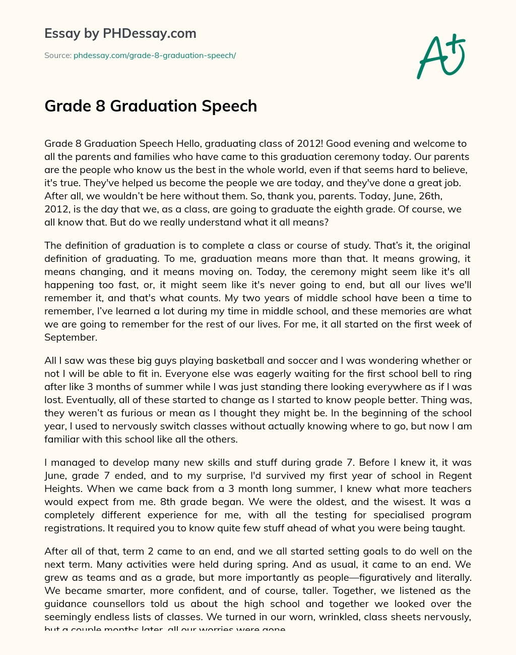 Grade 8 Graduation Speech essay