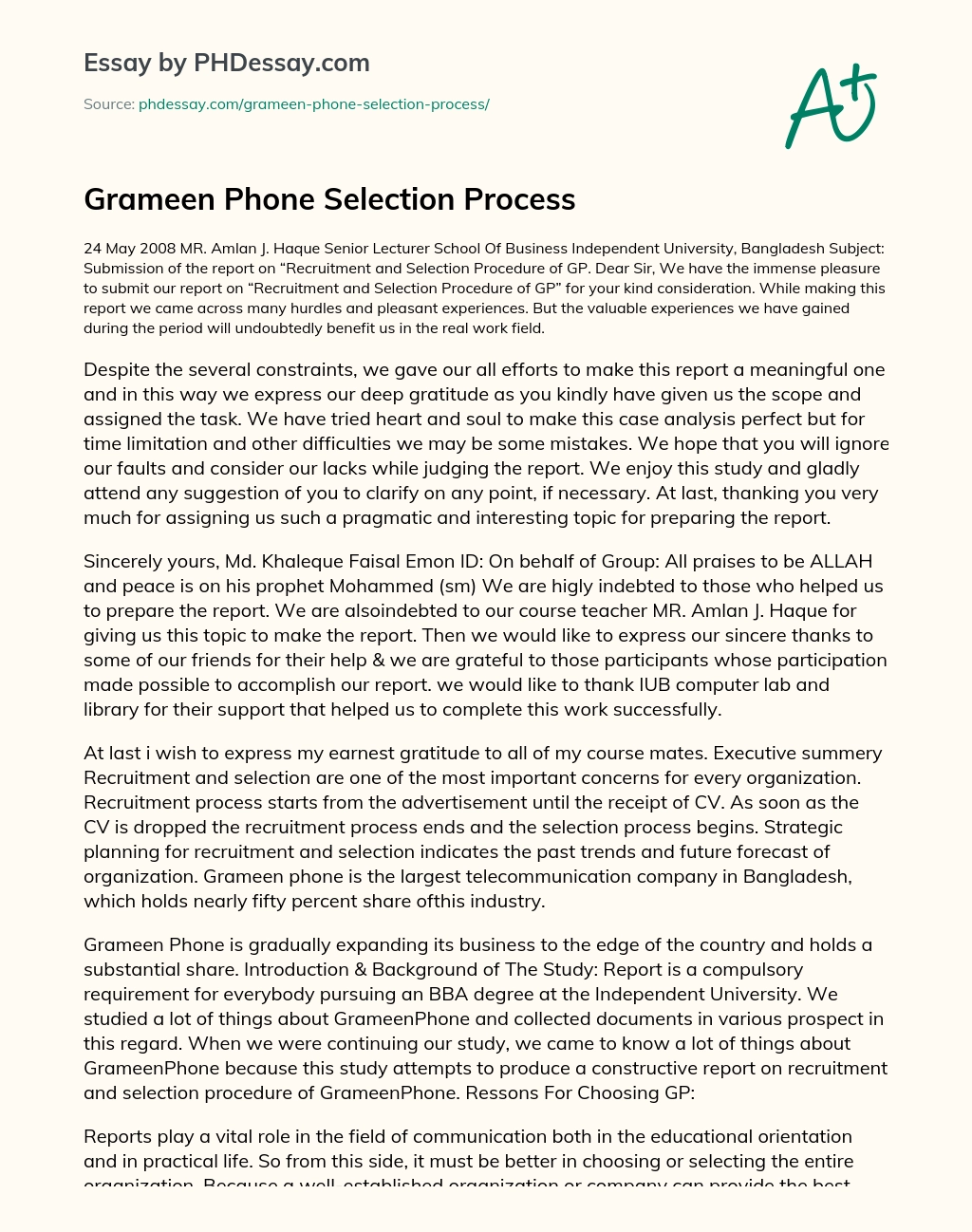 Grameen Phone Selection Process essay