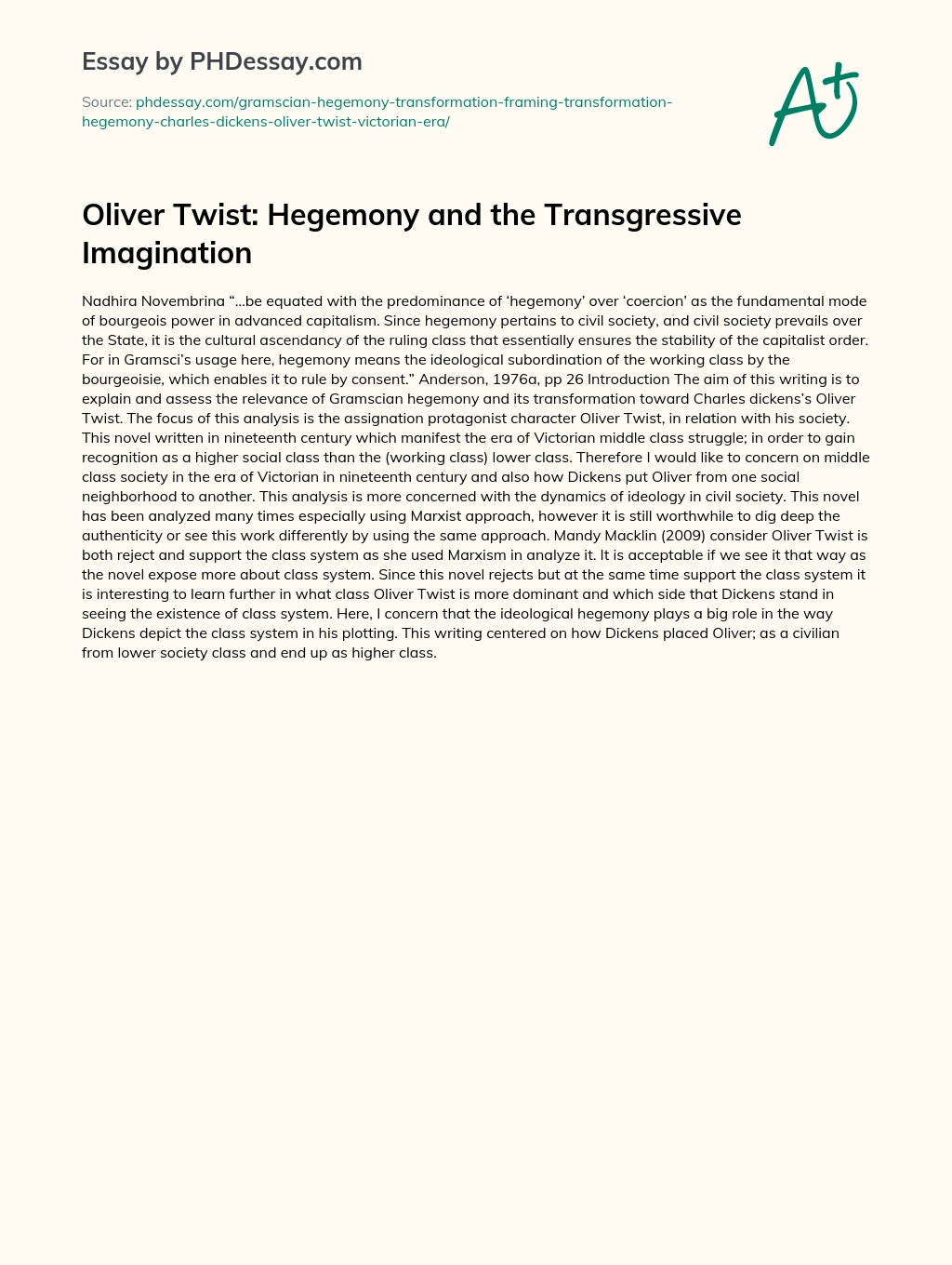 Oliver Twist: Hegemony and the Transgressive Imagination essay