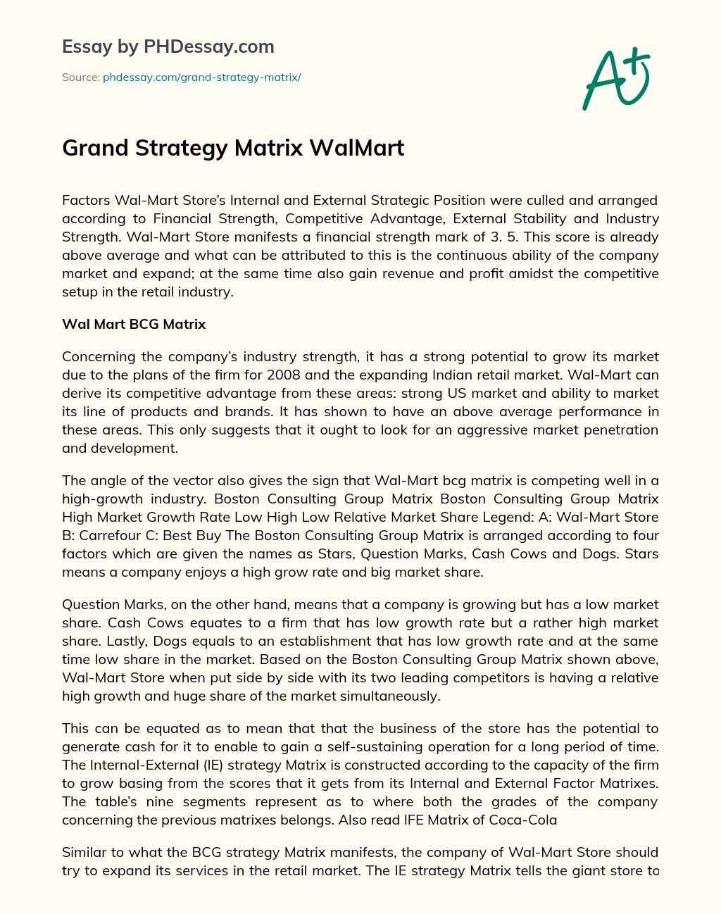 Grand Strategy Matrix WalMart essay