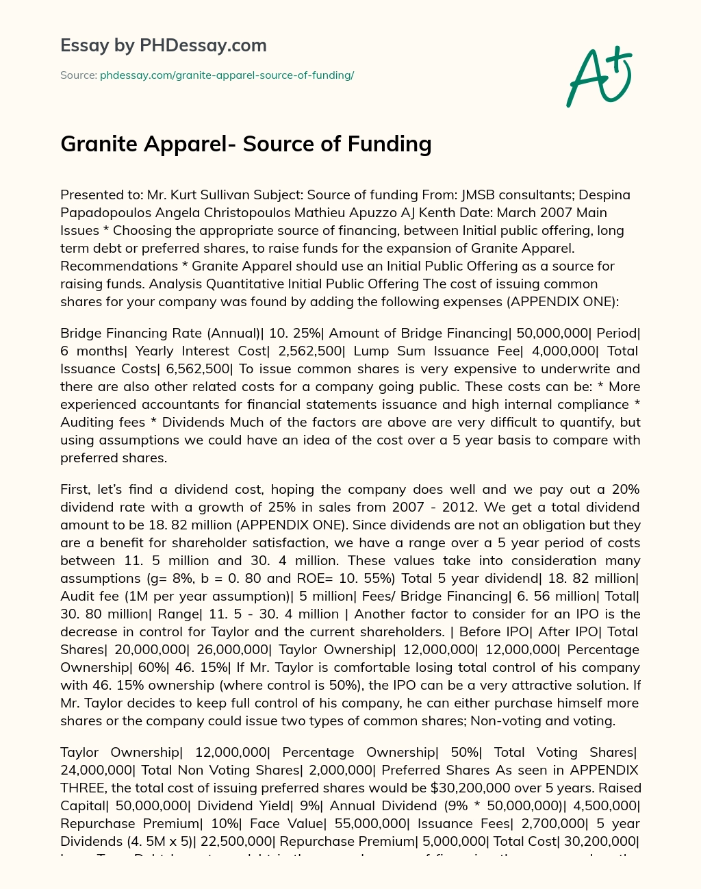 Granite Apparel- Source of Funding essay