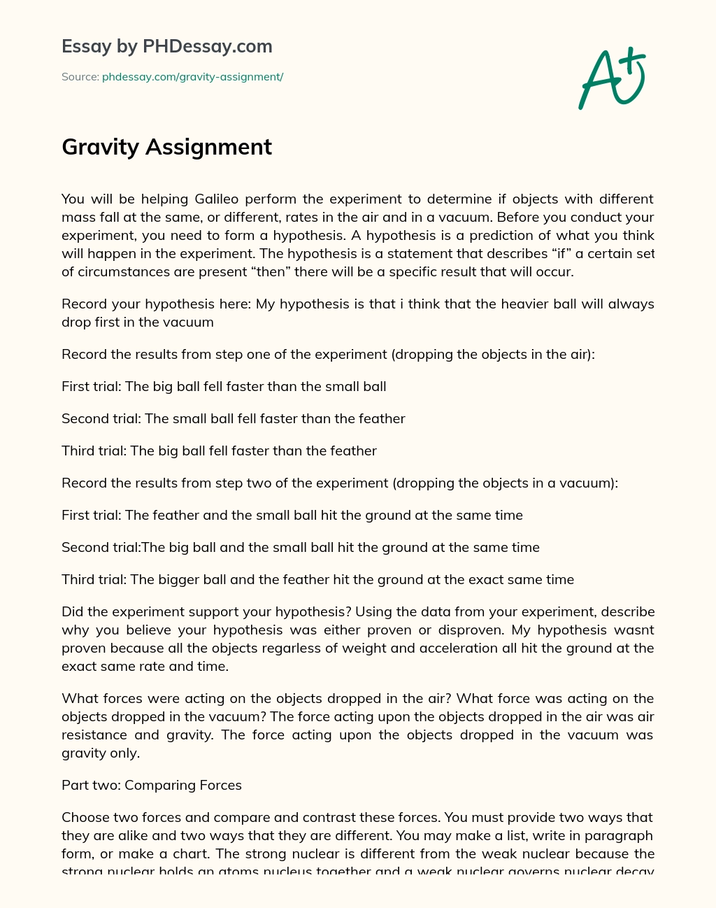 Gravity Assignment essay