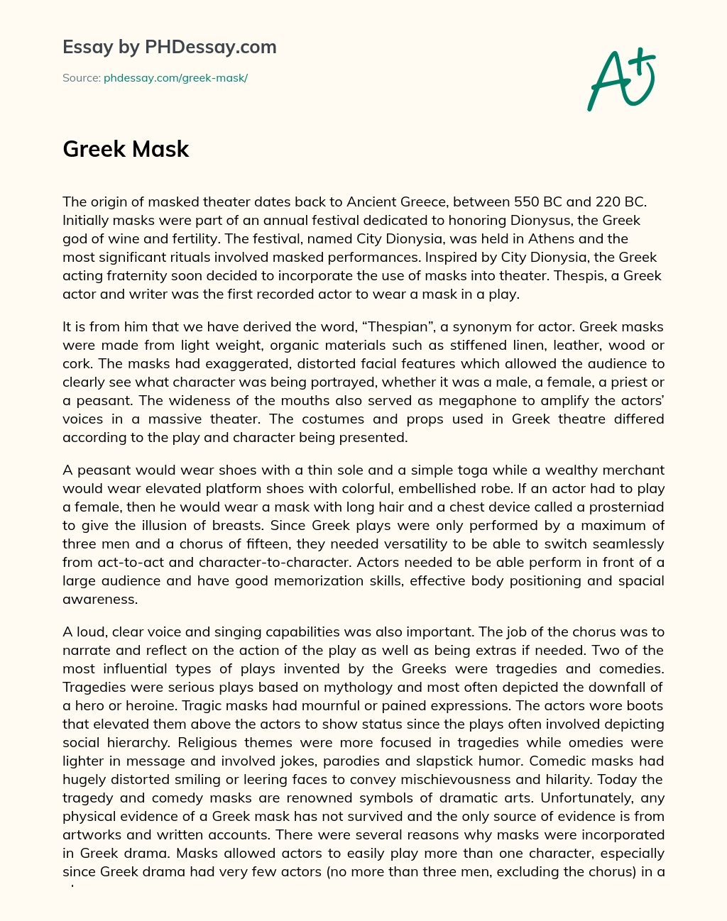 The Origin and Evolution of Masked Theater in Ancient Greece essay