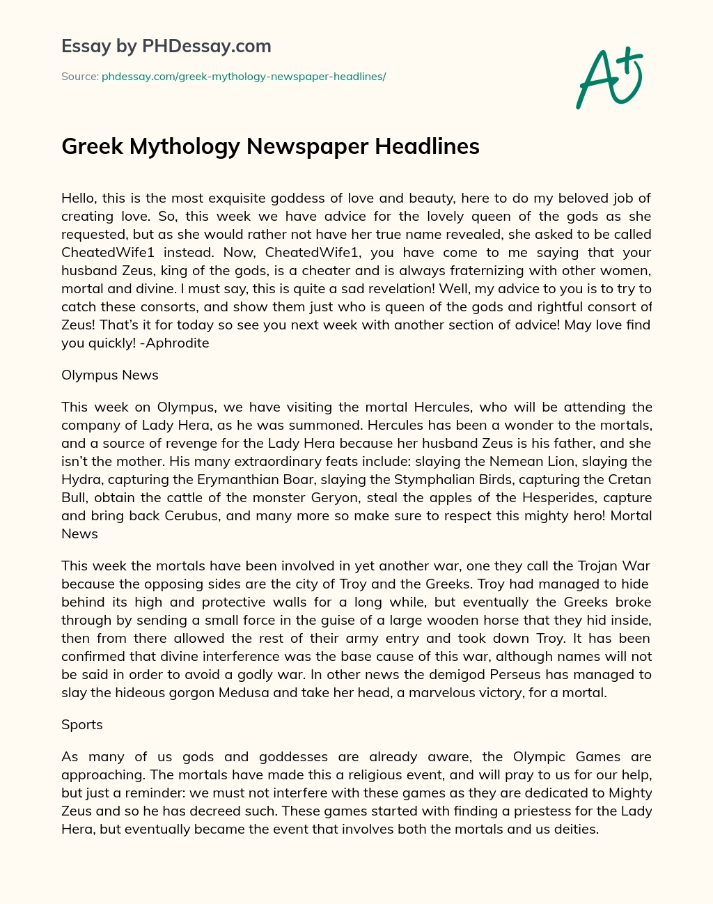 Greek Mythology Newspaper Headlines essay