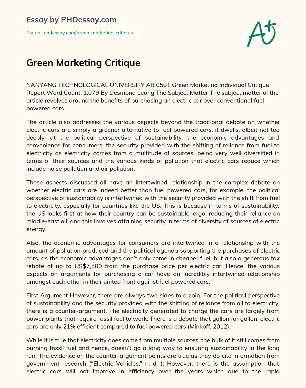 Green Marketing Critique essay