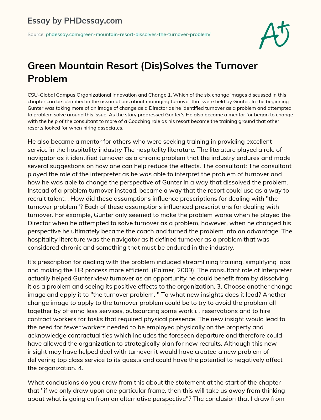 Green Mountain Resort (Dis)Solves the Turnover Problem essay