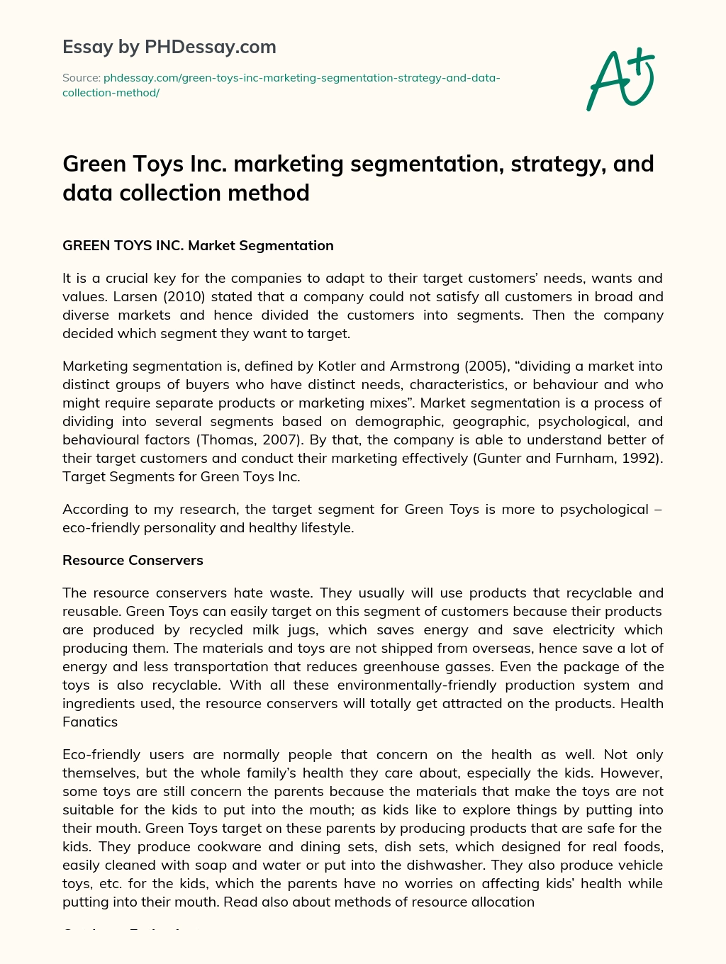Green Toys Inc. marketing segmentation, strategy, and data collection method essay