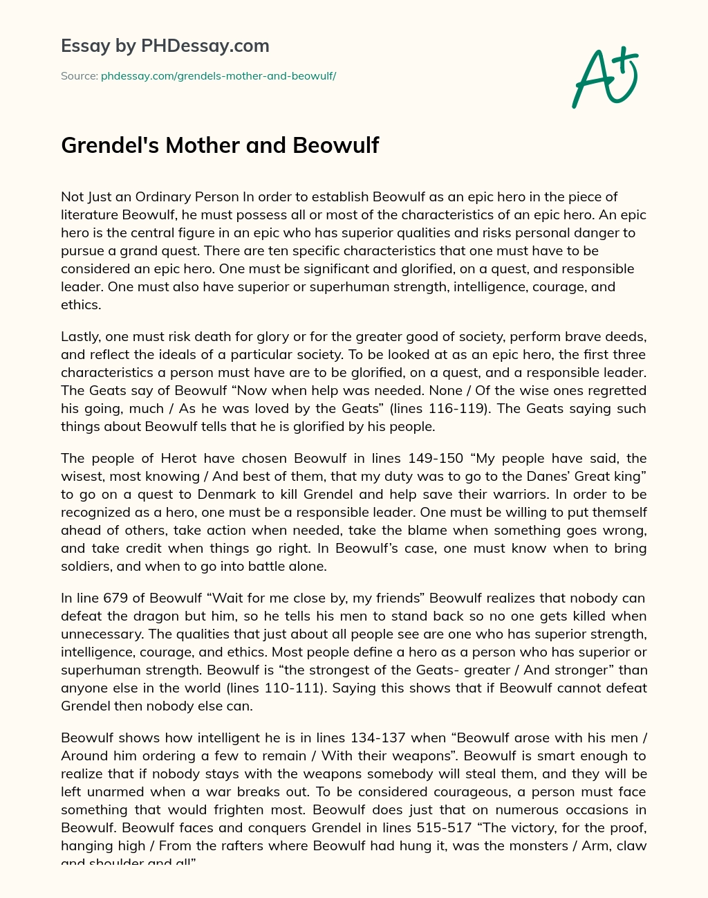 Grendel’s Mother and Beowulf essay