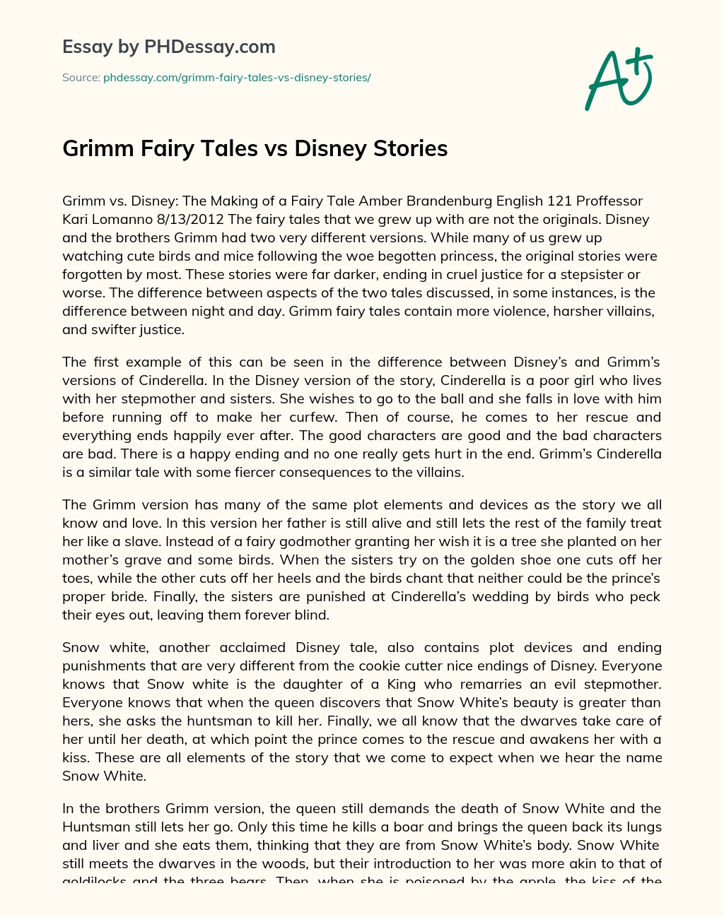 Grimm Fairy Tales vs Disney Stories essay